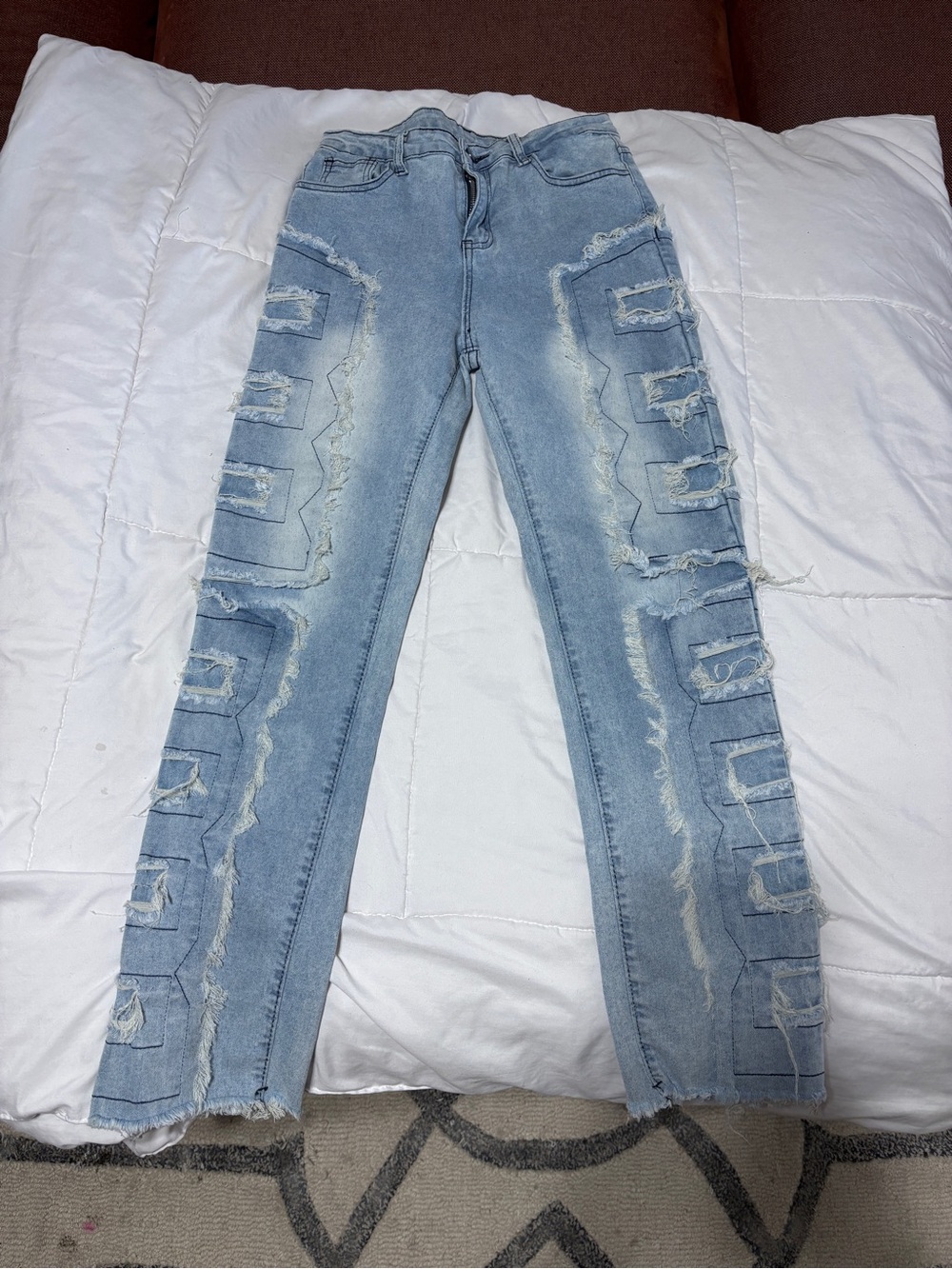 Light Blue Distressed Kids Skinny Jeans with Ladder Cutouts